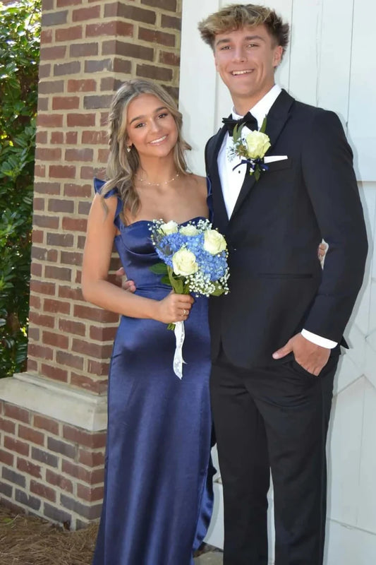 Elegant Sheath Sweetheart Sleeveless Ruffled Slit Navy Long Prom Dresses