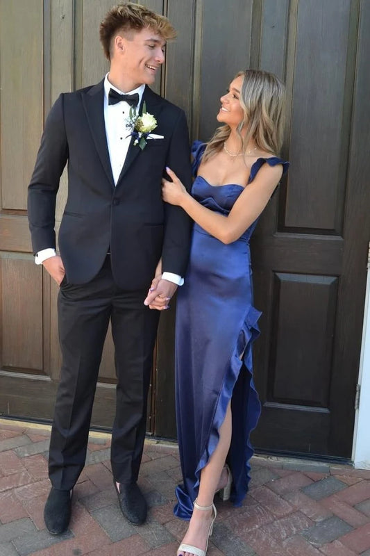 Elegant Sheath Sweetheart Sleeveless Ruffled Slit Navy Long Prom Dresses