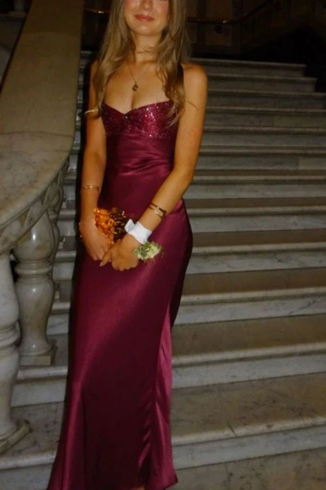 Elegant Sheath Sweetheart Sleeveless Sequin Backless Burgundy Long Prom Dresses Women