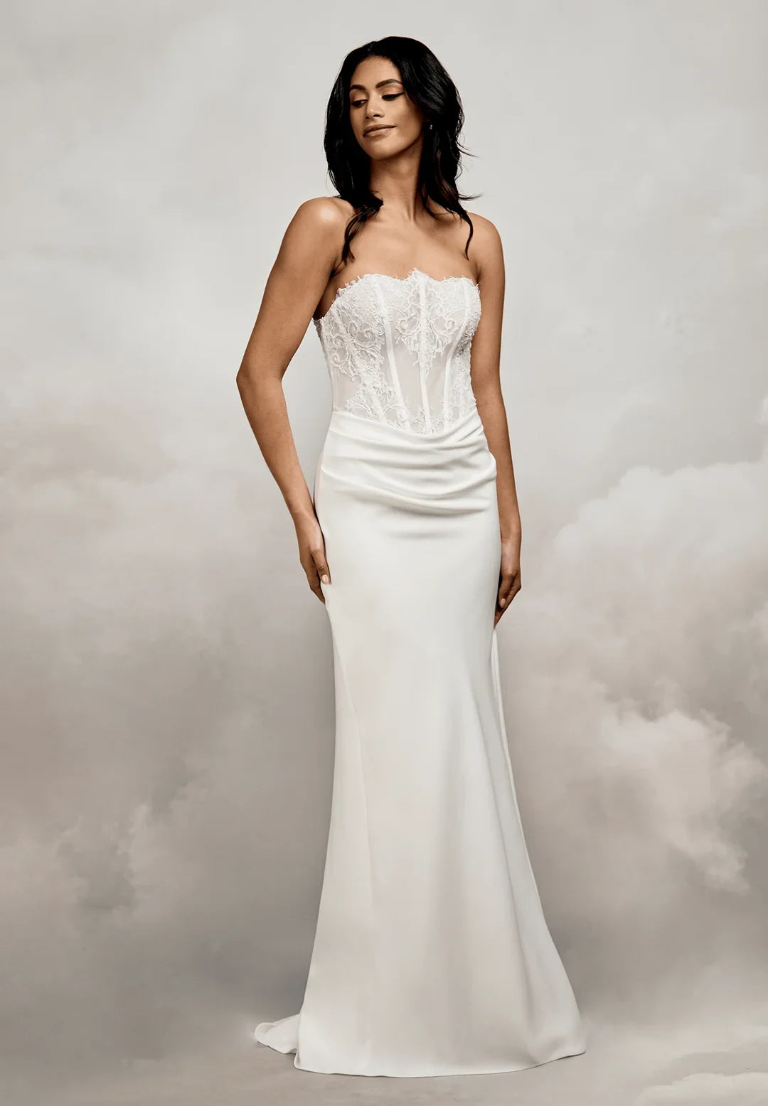 Elegant Sheath Sweetheart Strapless Corset Draped Ivory Floor-Length Wedding Dresses for Brides