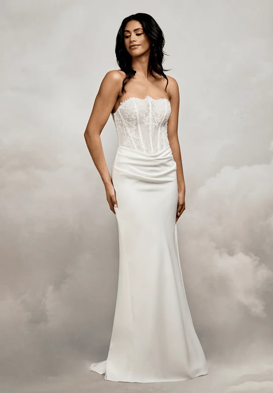 Elegant Sheath Sweetheart Strapless Corset Draped Ivory Floor-Length Wedding Dresses for Brides