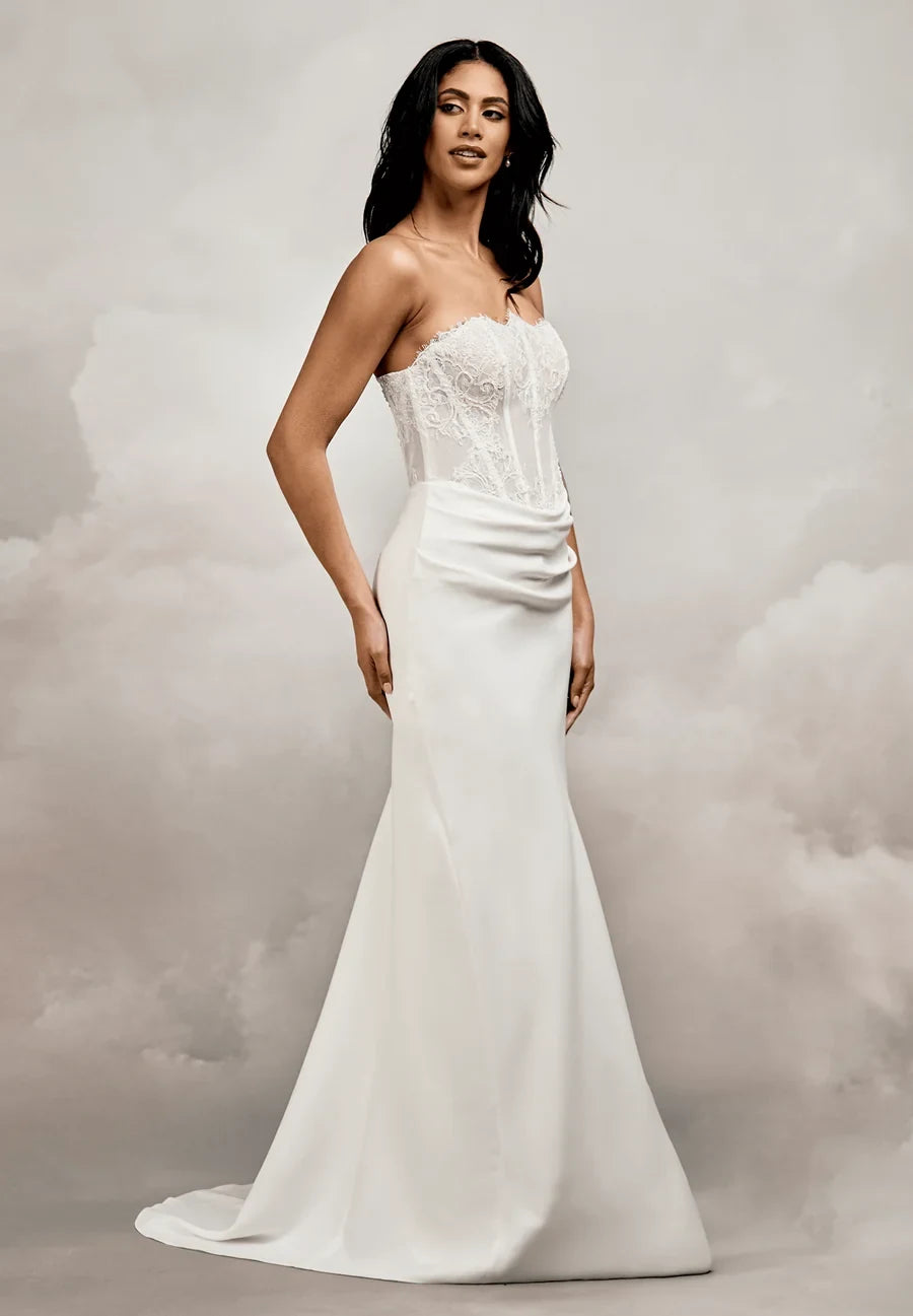 Elegant Sheath Sweetheart Strapless Corset Draped Ivory Floor-Length Wedding Dresses for Brides