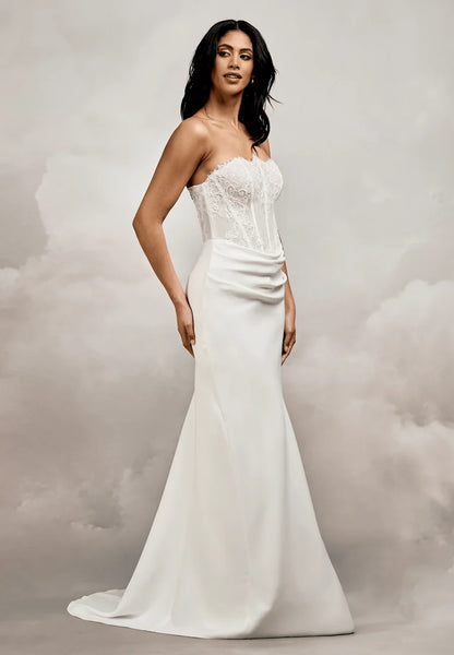 Elegant Sheath Sweetheart Strapless Corset Draped Ivory Floor-Length Wedding Dresses for Brides