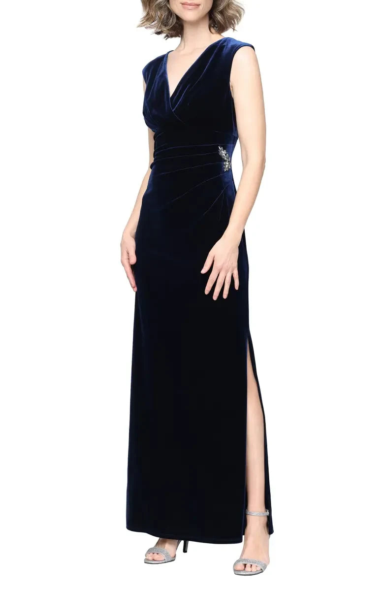 Elegant Sheath V-Neck Cap-Sleeve Ruched Navy Floor-Length Mother Of The Bride Gown
