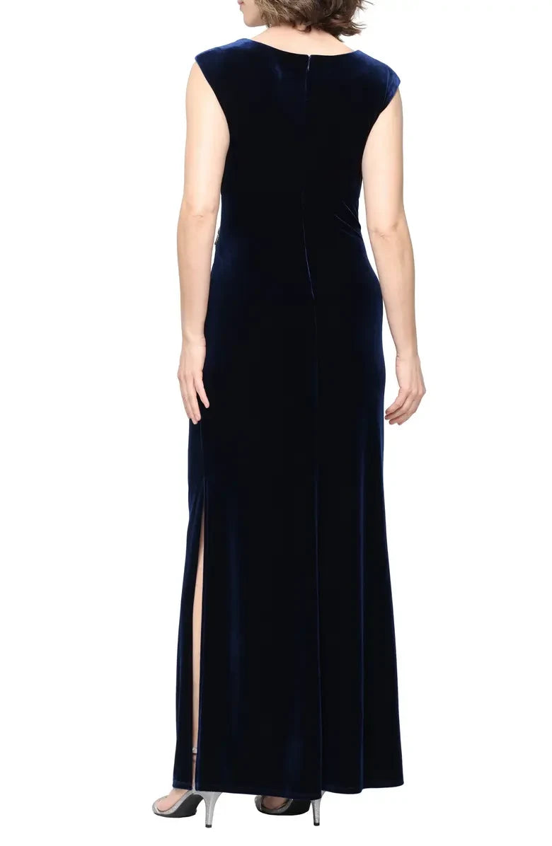 Elegant Sheath V-Neck Cap-Sleeve Ruched Navy Floor-Length Mother Of The Bride Gown