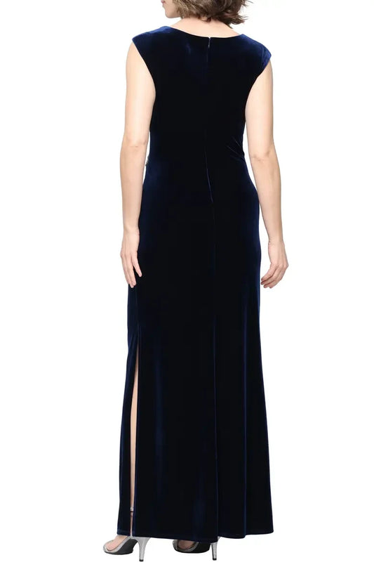 Elegant Sheath V-Neck Cap-Sleeve Ruched Navy Floor-Length Mother Of The Bride Gown
