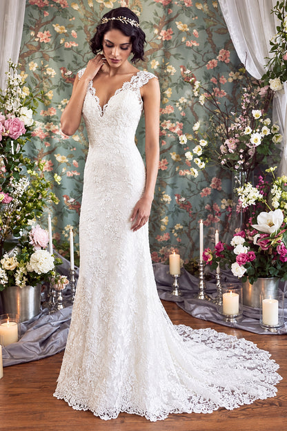 Elegant Sheath V-Neck Cap Sleeve Lace Ivory Wedding Gown
