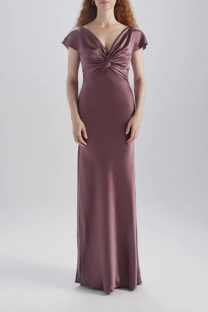 Elegant Sheath V-Neck Cap Sleeve Twisted Draped Mauve Floor-Length Bridesmaid Gown