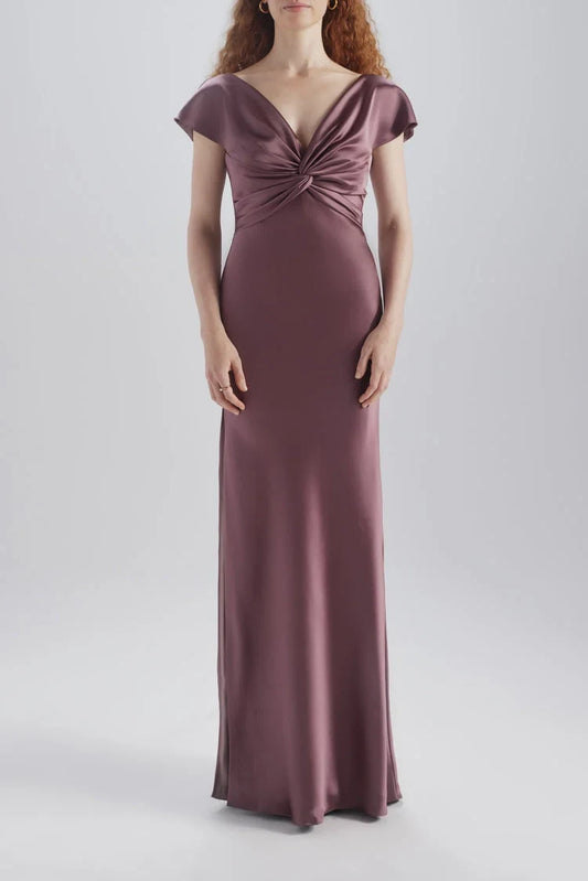 Elegant Sheath V-Neck Cap Sleeve Twisted Draped Mauve Floor-Length Bridesmaid Gown