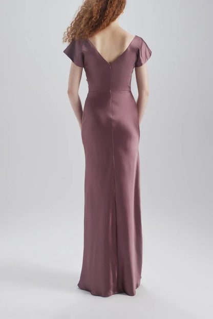 Elegant Sheath V-Neck Cap Sleeve Twisted Draped Mauve Floor-Length Bridesmaid Gown