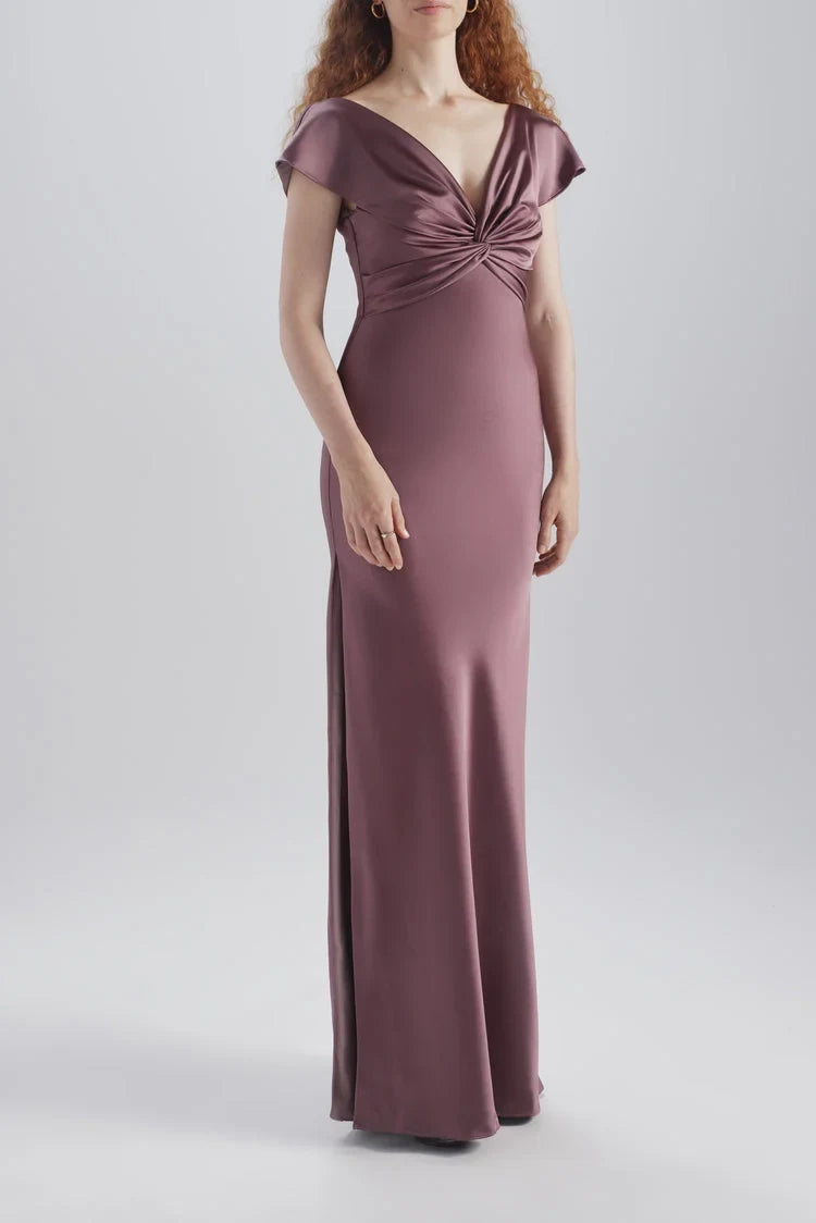 Elegant Sheath V-Neck Cap Sleeve Twisted Draped Mauve Floor-Length Bridesmaid Gown