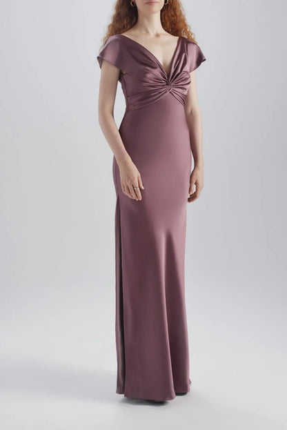 Elegant Sheath V-Neck Cap Sleeve Twisted Draped Mauve Floor-Length Bridesmaid Gown