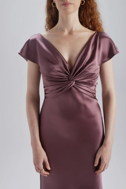 Elegant Sheath V-Neck Cap Sleeve Twisted Draped Mauve Floor-Length Bridesmaid Gown