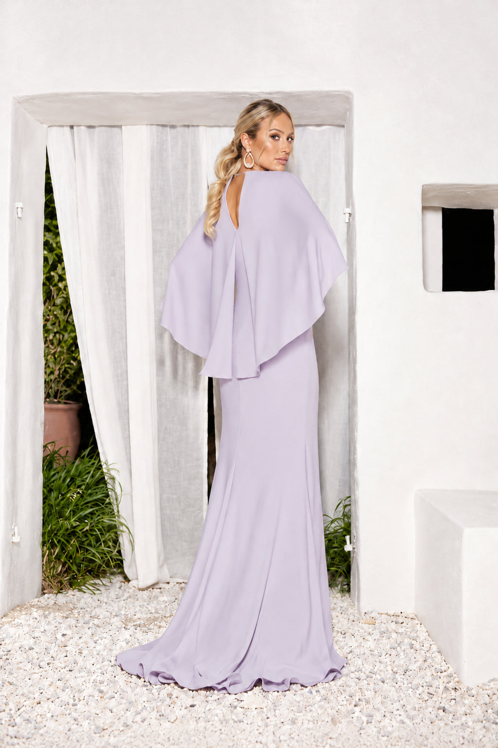 Elegant Sheath V-Neck Cape Sleeve Ruched Slit Lavender Mother of the Bride Gown