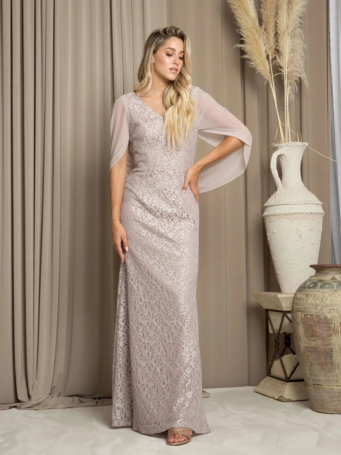 Elegant Sheath V-Neck Caped Shimmer Draped Cocoa Long Mother-of-the-Bride Dress Gown