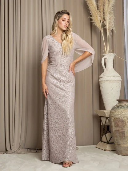 Elegant Sheath V-Neck Caped Shimmer Draped Cocoa Long Mother-of-the-Bride Dress Gown