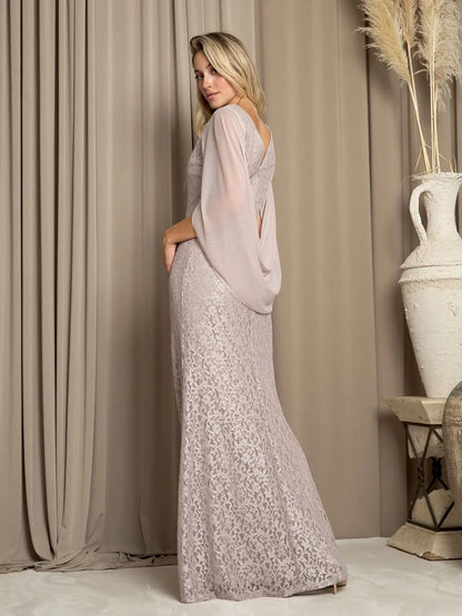 Elegant Sheath V-Neck Caped Shimmer Draped Cocoa Long Mother-of-the-Bride Dress Gown