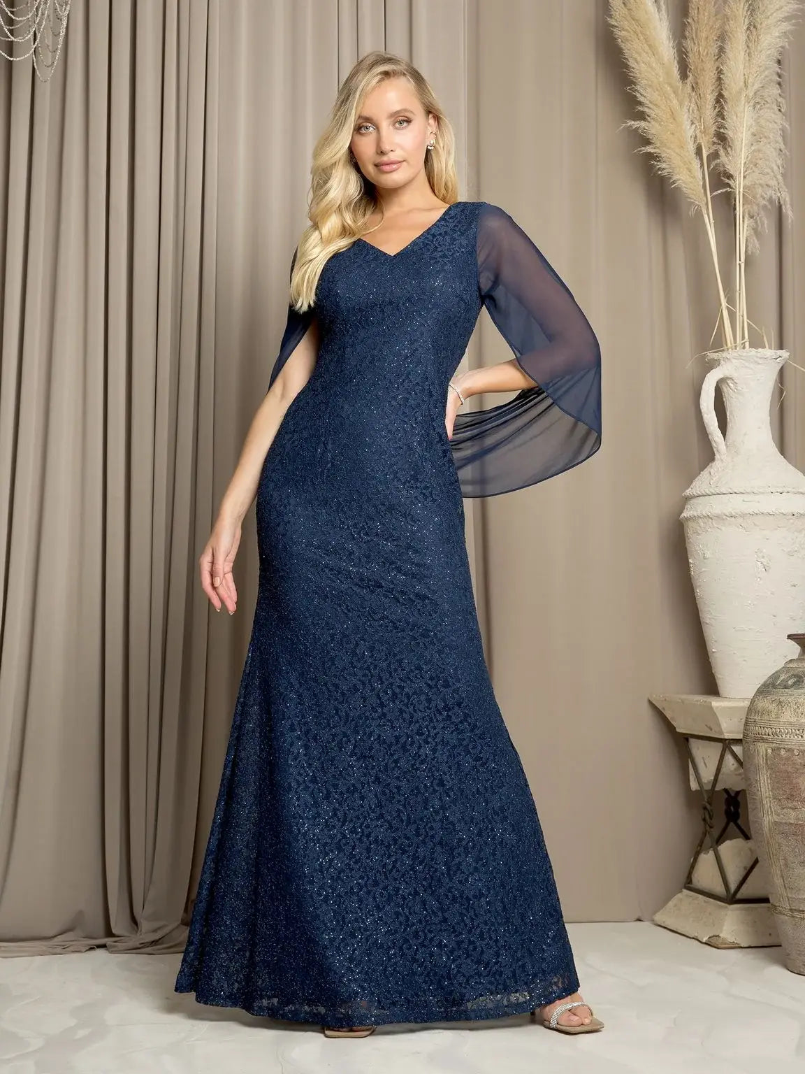 Elegant Sheath V-Neck Caped Shimmer Draped Cocoa Long Mother-of-the-Bride Dress Gown