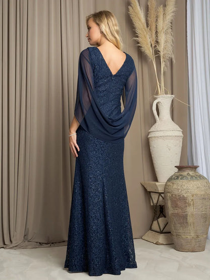 Elegant Sheath V-Neck Caped Shimmer Draped Cocoa Long Mother-of-the-Bride Dress Gown