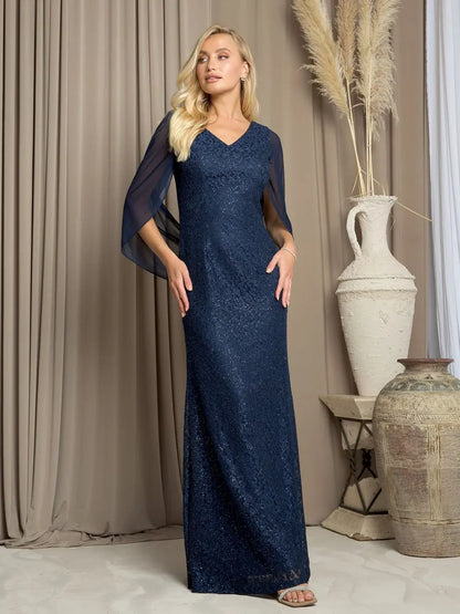 Elegant Sheath V-Neck Caped Shimmer Draped Cocoa Long Mother-of-the-Bride Dress Gown