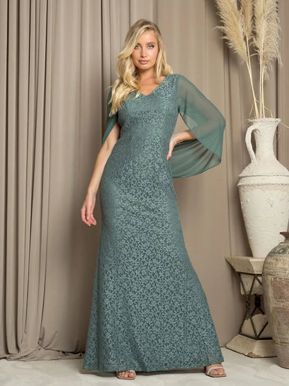Elegant Sheath V-Neck Caped Shimmer Draped Cocoa Long Mother-of-the-Bride Dress Gown