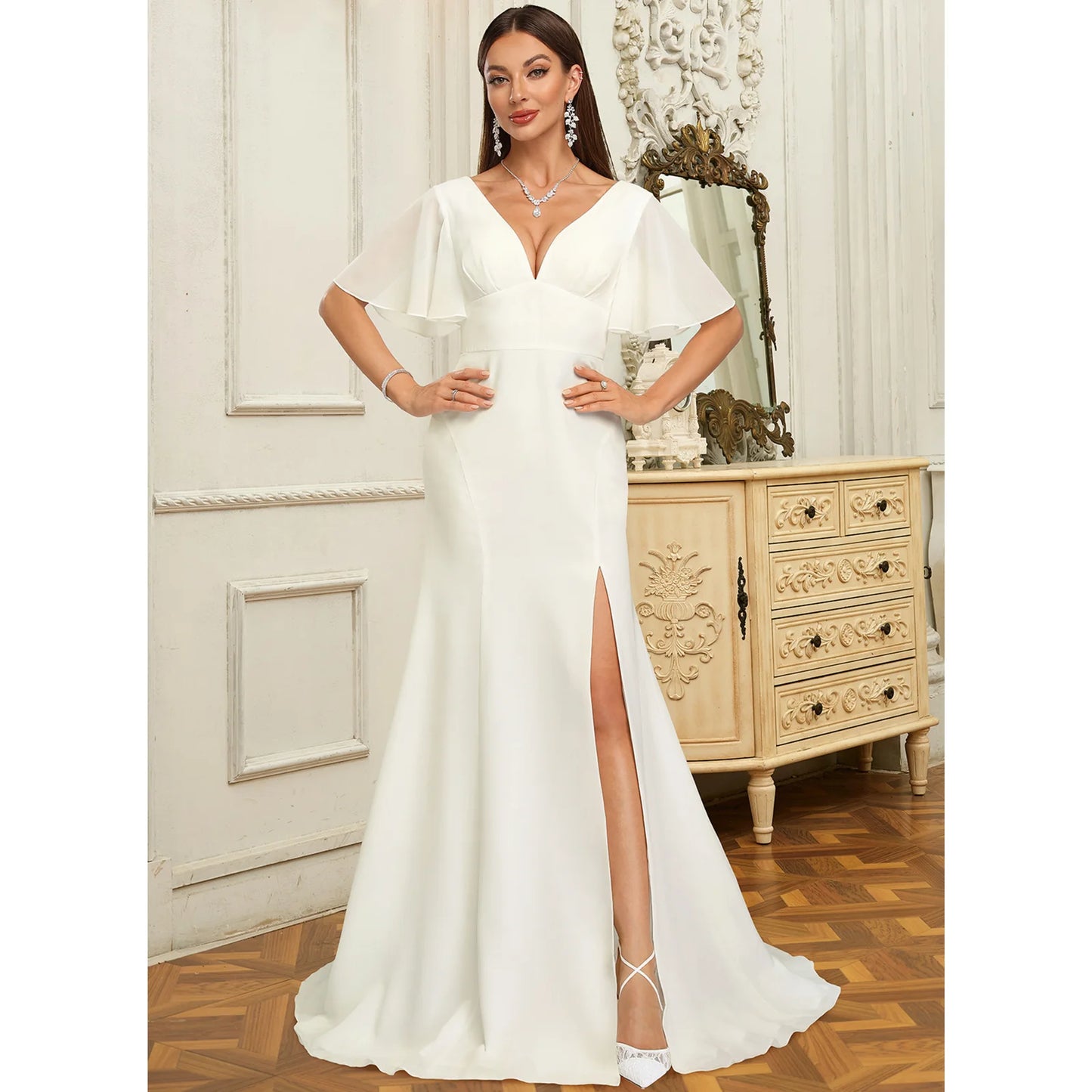 Elegant Sheath V-Neck Flutter Sleeve Chic Slit White Floor-Length Wedding Gown