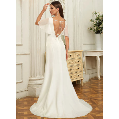 Elegant Sheath V-Neck Flutter Sleeve Chic Slit White Floor-Length Wedding Gown