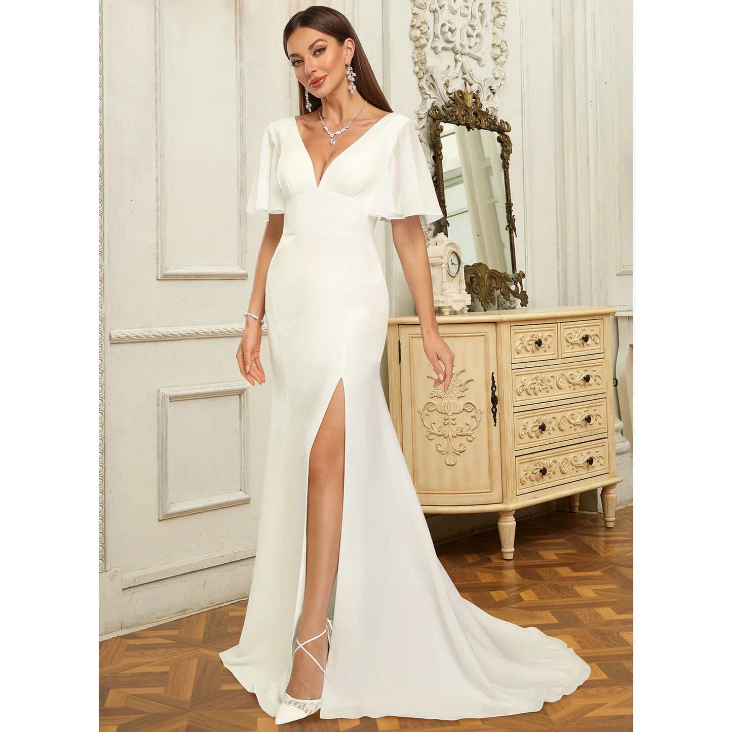 Elegant Sheath V-Neck Flutter Sleeve Chic Slit White Floor-Length Wedding Gown