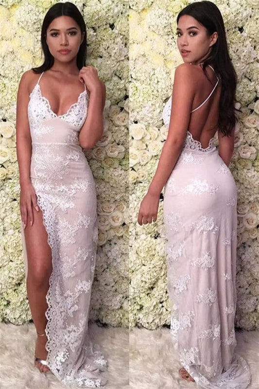 Elegant Sheath V-Neck Lace Applique High Slit Blush Pink Floor-Length Prom Dresses
