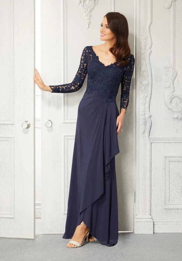 Elegant Sheath V-Neck Long-Sleeve Draped Navy Mother of the Bride Dress