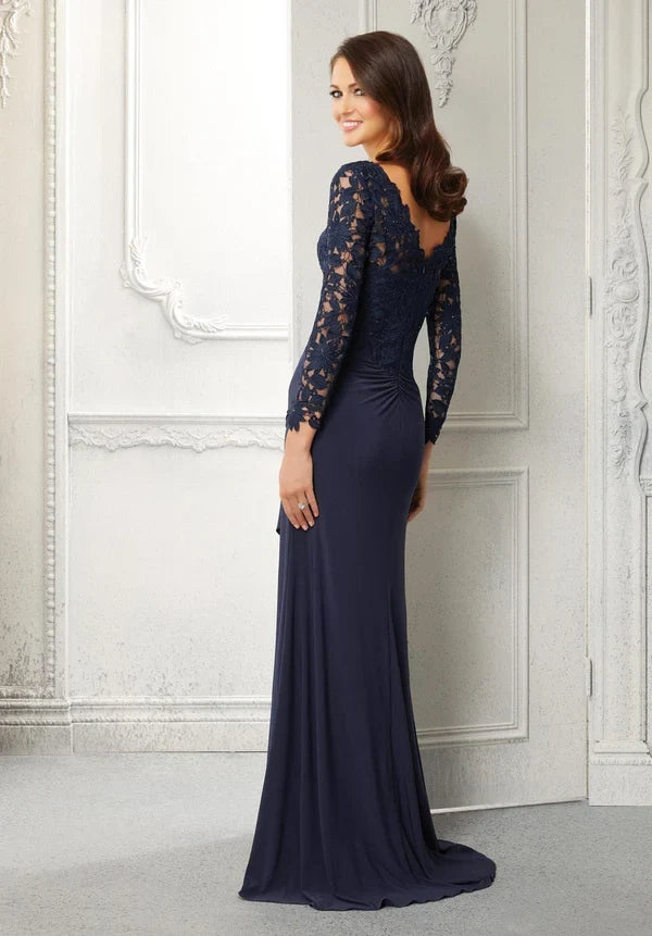 Elegant Sheath V-Neck Long-Sleeve Draped Navy Mother of the Bride Dress