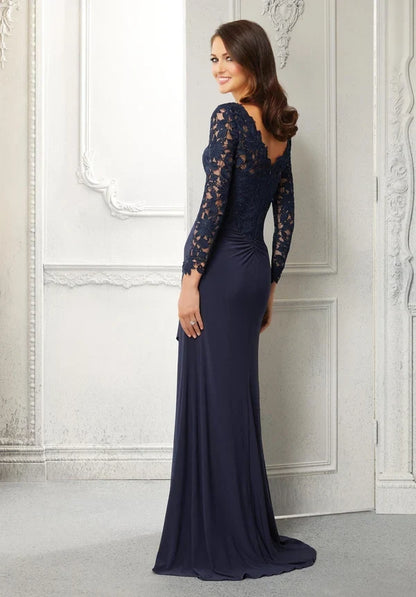 Elegant Sheath V-Neck Long-Sleeve Draped Navy Mother of the Bride Dress