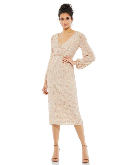 Elegant Sheath V-Neck Long-Sleeve Sparkling Champagne Midi Mother-of-the-Bride Women Dress