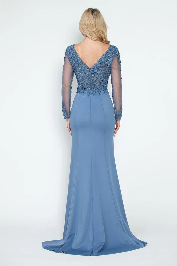 Elegant Sheath V-Neck Long Sleeve Beaded Dusty Blue Mother of the Bride Gown