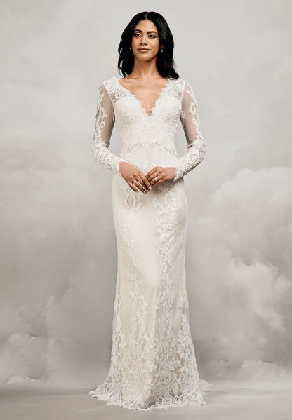 Elegant Sheath V-Neck Long Sleeve Lace Illusion Ivory Floor-Length Wedding Dresses Bridal Gown