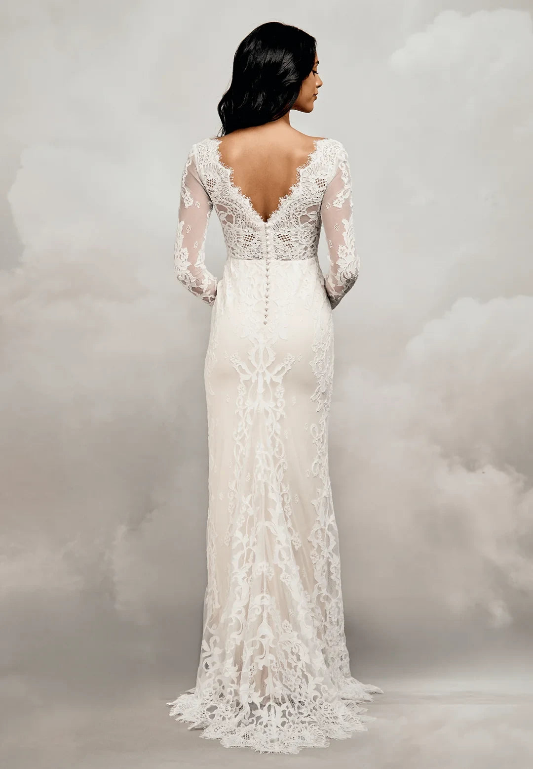 Elegant Sheath V-Neck Long Sleeve Lace Illusion Ivory Floor-Length Wedding Dresses Bridal Gown