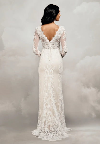 Elegant Sheath V-Neck Long Sleeve Lace Illusion Ivory Floor-Length Wedding Dresses Bridal Gown