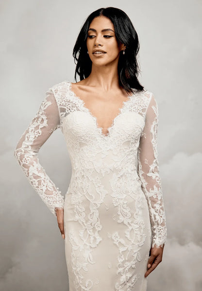 Elegant Sheath V-Neck Long Sleeve Lace Illusion Ivory Floor-Length Wedding Dresses Bridal Gown