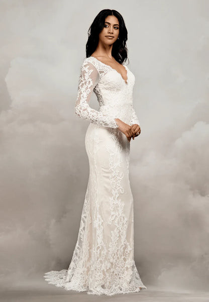 Elegant Sheath V-Neck Long Sleeve Lace Illusion Ivory Floor-Length Wedding Dresses Bridal Gown