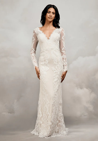 Elegant Sheath V-Neck Long Sleeve Lace Illusion Ivory Floor-Length Wedding Dresses Bridal Gown