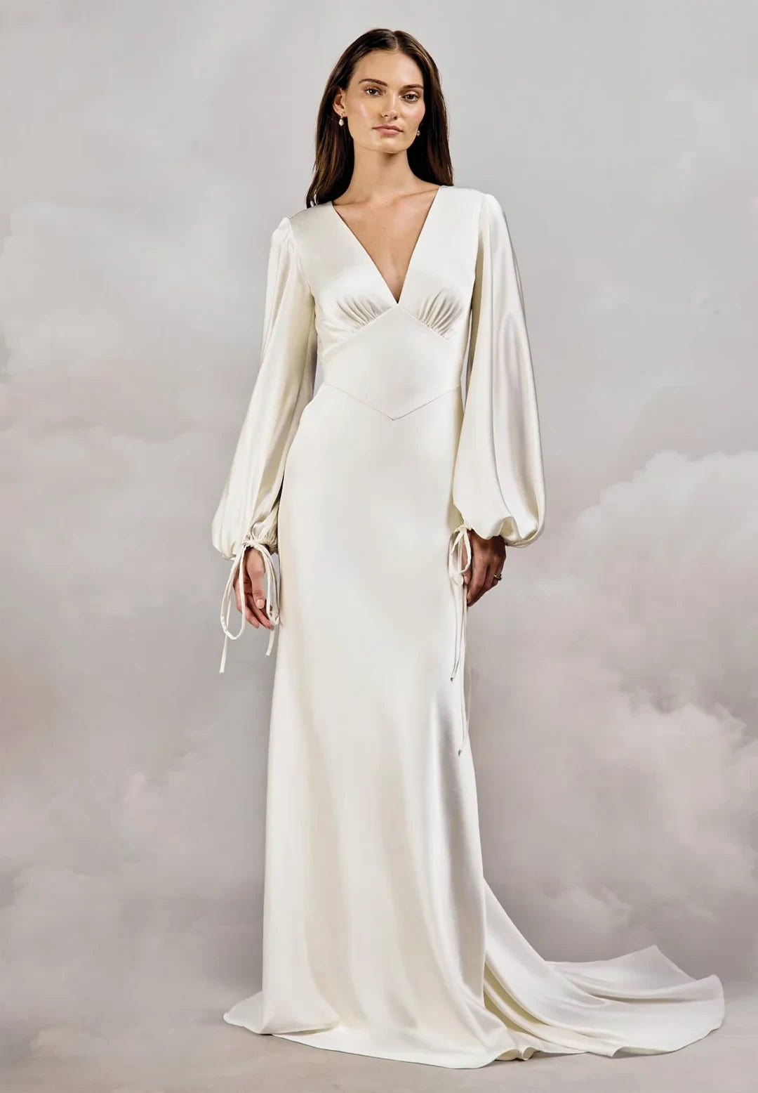 Elegant Sheath V-Neck Long Sleeve Romantic Backless Ivory Floor-Length Wedding Gown