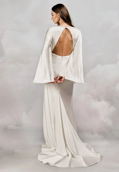 Elegant Sheath V-Neck Long Sleeve Romantic Backless Ivory Floor-Length Wedding Gown