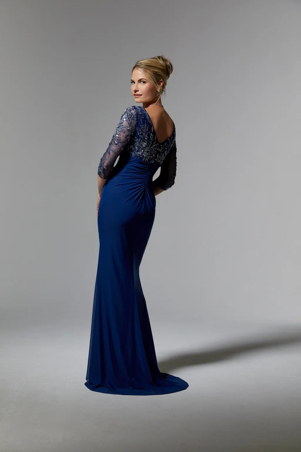 Elegant Sheath V-Neck Sleeved Beaded Navy Mother of the Bride Dress