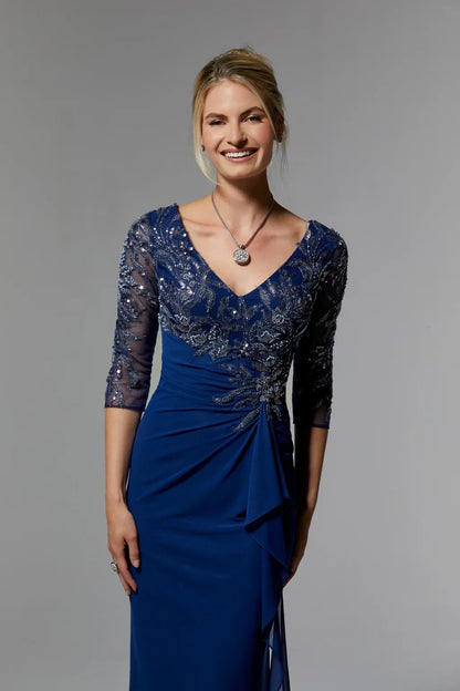 Elegant Sheath V-Neck Sleeved Beaded Navy Mother of the Bride Dress
