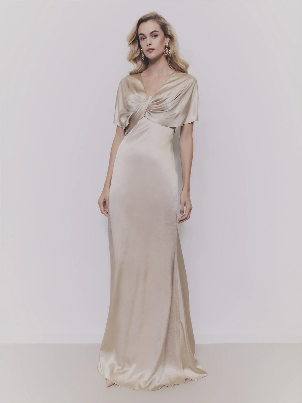 Elegant Sheath V-Neck Sleeved Draped Ruched Champagne Maxi Evening Dresses Gown