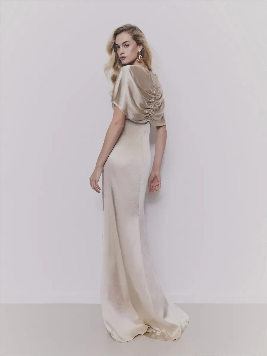 Elegant Sheath V-Neck Sleeved Draped Ruched Champagne Maxi Evening Dresses Gown