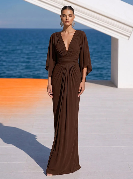 Elegant Sheath V-Neck Sleeved Pleated Draped Brown Maxi Prom Dresses Women
