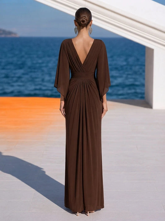 Elegant Sheath V-Neck Sleeved Pleated Draped Brown Maxi Prom Dresses Women