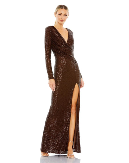 Elegant Sheath V-Neck Sleeved Slit Chocolate Mother Of The Bride Dress