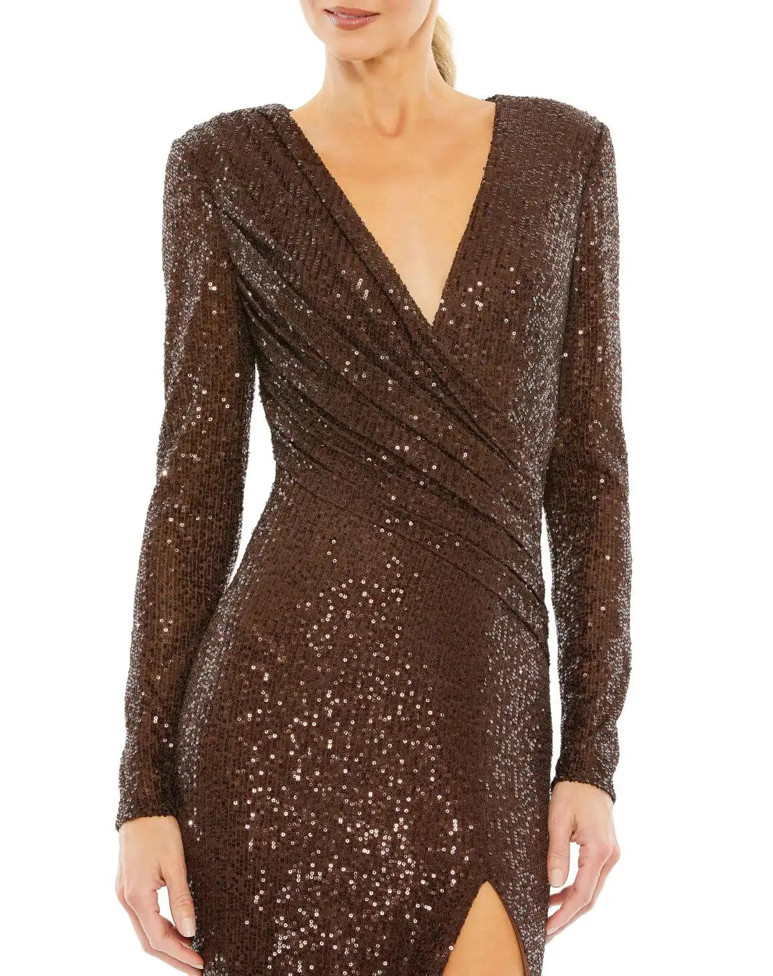Elegant Sheath V-Neck Sleeved Slit Chocolate Mother Of The Bride Dress